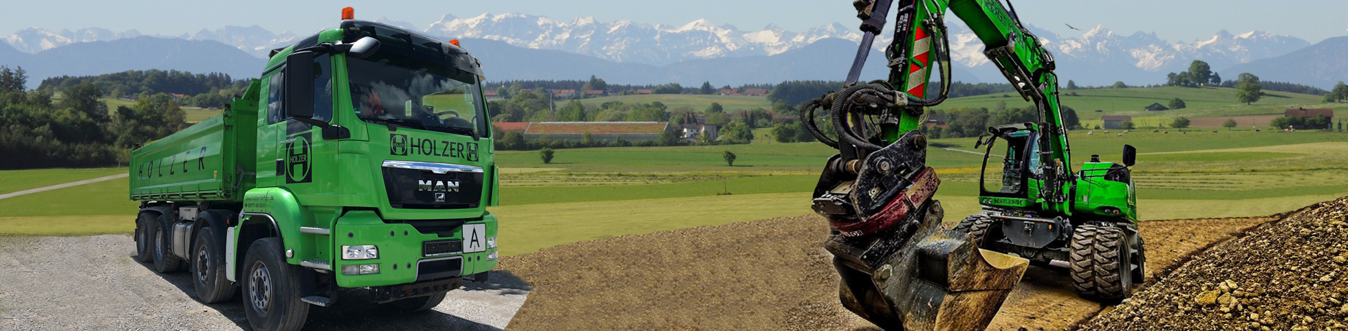 Das Bannerbild zeigt einen Lastwagen und einen Bagger der Holzer GmbH mit dem Firmengelände sowie den Alpen im Hintergrund.